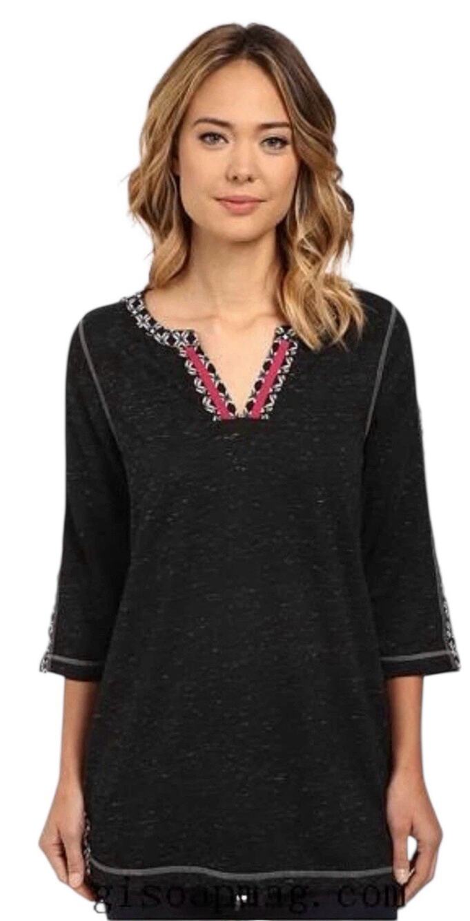 Hatley Top Mixed Material 3/4 Sleeve Heathered Black Pink Ribbon V-Neck Small
